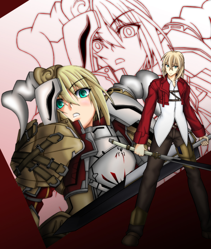 1boy, ahoge, aqua_eyes, armor, bastard_(entasis), belt, blonde_hair, fate/apocrypha