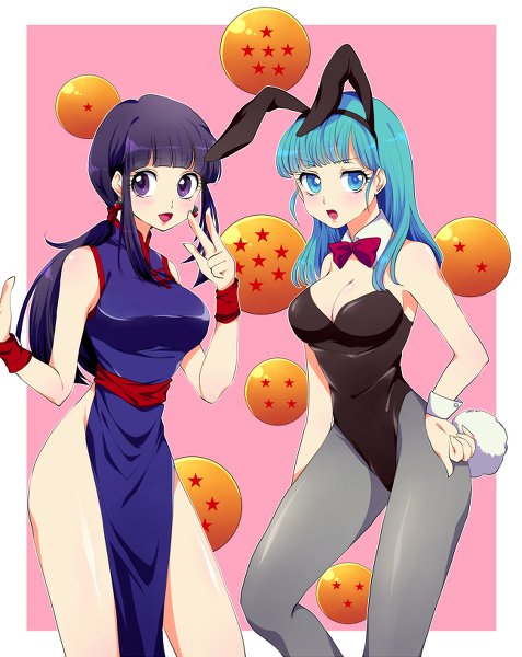 2girls, :d, animal_ears, armband, black_hair, blue_eyes, blue_hair, blunt_bangs