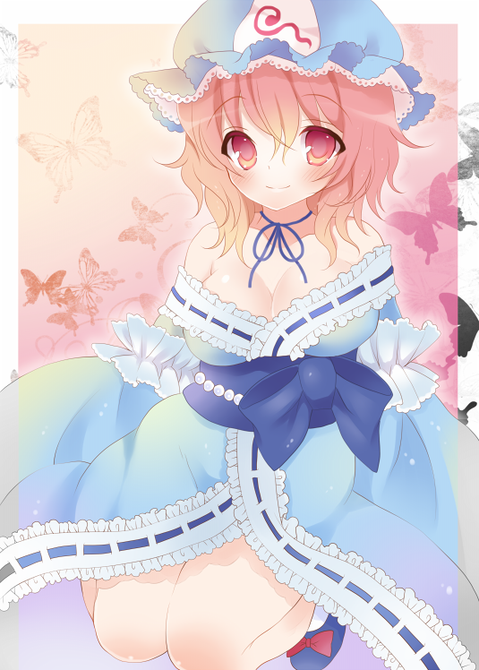 1girl, bare_shoulders, blush, breasts, cleavage, female_focus, hat, japanese_clothes