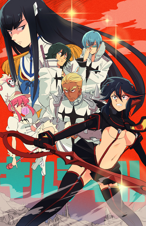 blowing_bubble_gum, chewing_gum, gamagoori_ira, jakuzure_nonon, kill_la_kill, kiryuuin_satsuki, matoi_ryuuko, revealing_clothes, sakana_kouzi, sanageyama_uzu, scissor_blade_(kill_la_kill)