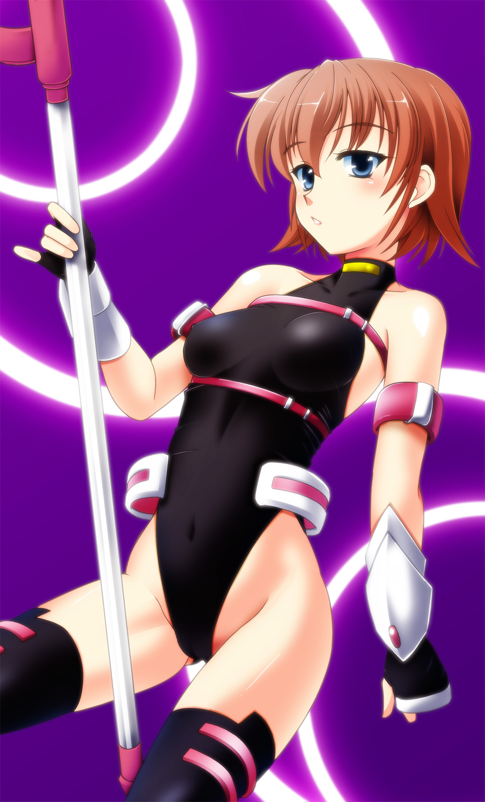 1girl, arm_strap, bare_shoulders, blue_eyes, blush, brown_hair, cameltoe, covered_navel, female_focus, fingerless_gloves, gauntlets, gloves, glowing, hakkai, highres, leotard, lips, luciferion, lyrical_nanoha, mahou_shoujo_lyrical_nanoha, mahou_shoujo_lyrical_nanoha_a's, mahou_shoujo_lyrical_nanoha_a's_portable:_the_battle_of_aces, short_hair, solo, staff, stern_the_destructor, thighhighs