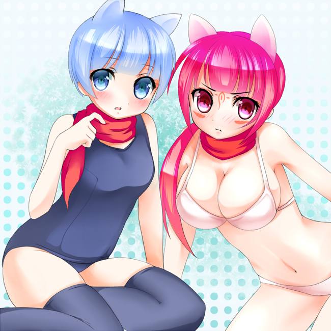 10s, 2girls, bikini, blue_eyes, blue_hair, blush, busou_shinki, fubuki_(busou_shinki)