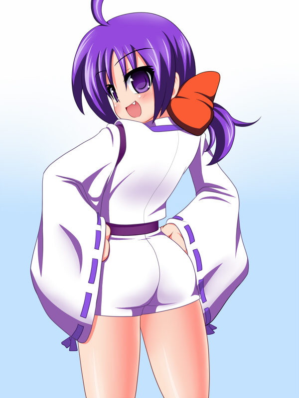 1girl, ahoge, ass, bakumatsu_rouman, blush, bow, fang, from_behind