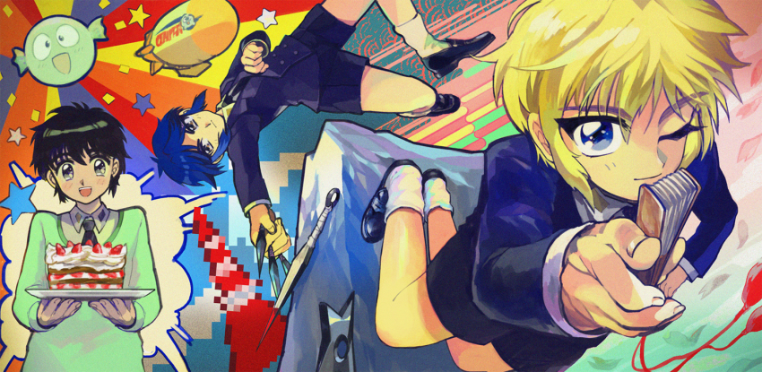 3boys, :d, aircraft, black_hair, blazer, blonde_hair, blue_hair, brown_eyes