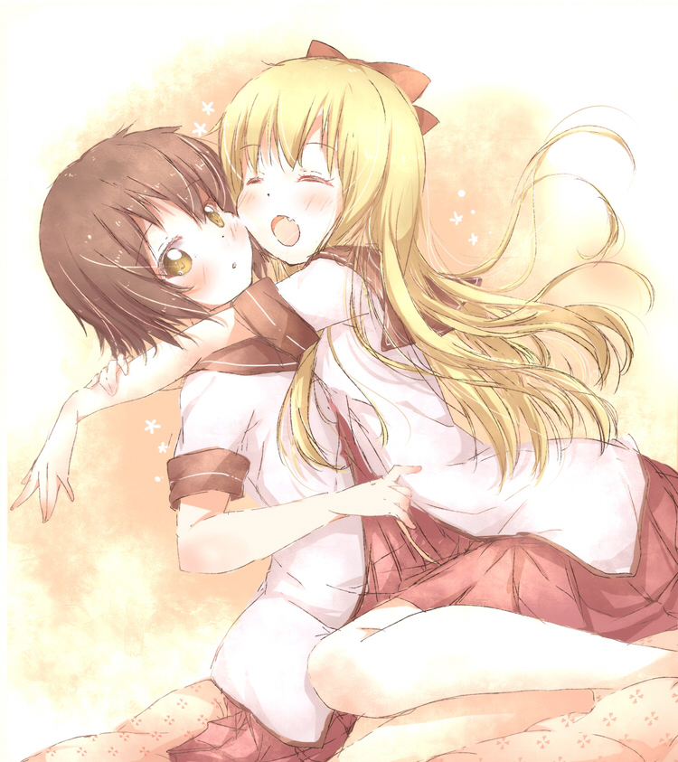 2girls, :o, bad_id, bad_pixiv_id, blonde_hair, blush, bow, brown_hair