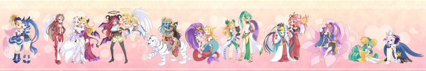 >_<, 6+girls, alraune_(p&amp;d), amaterasu_(p&amp;d), animal_ears, anklet, aqua_hair, arashiya