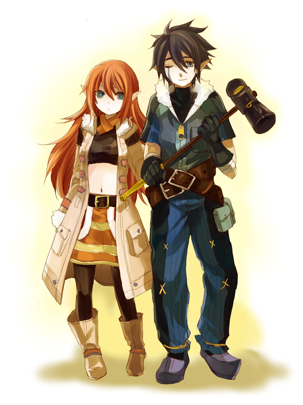 1boy, 1girl, bandages, belt, black_hair, black_pantyhose, blue_eyes, boots, detached_sleeves, dwarf, expressionless, facial_mark, fanny_pack, fur_trim, gadzhi_(rune_factory), gloves, hair_between_eyes, hammer, hanakotoba12, harvest_moon, height_difference, holding, jacket, long_hair, long_sleeves, messy_hair, midriff, navel, one_eye_closed, open_clothes, open_jacket, pants, pantyhose, pointy_ears, red_hair, rune_factory, rune_factory_3, rune_factory_4, scarf, short_sleeves, skirt, smile, striped_clothes, striped_legwear, striped_pantyhose, toona, vertical-striped_clothes, vertical-striped_pantyhose, wink