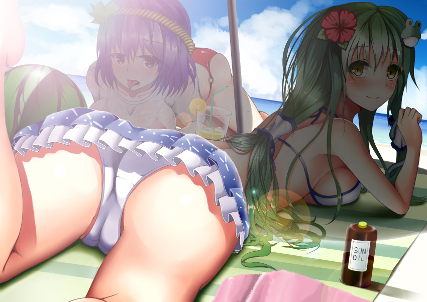 2girls, :p, ass, beach, beach_umbrella, bikini, bikini_skirt, bikini_under_clothes