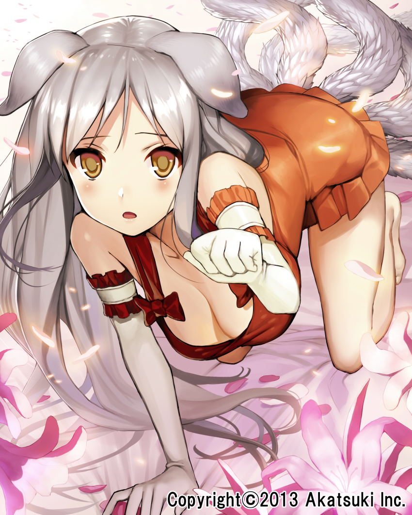 10s, 1girl, 2013, absurdres, akatsuki_(company), all_fours, animal_ears, barefoot, breasts, cleavage, company_name, dog_ears, dress, elbow_gloves, female_focus, flower, gaou_(umaiyo_puyoman), gloves, highres, large_breasts, looking_at_viewer, makai_touitsu_chaos_blade, multiple_tails, orange_dress, orange_skirt, paw_pose, silver_hair, skirt, solo, tail, white_gloves