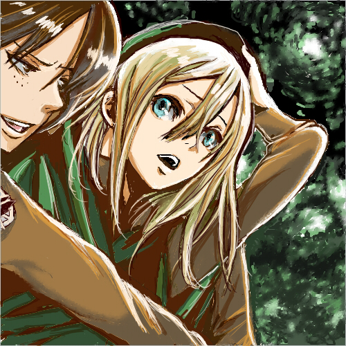 2girls, aqua_eyes, black_hair, blonde_hair, bump_(silk0423), krista_lenz, hair_between_eyes, hood