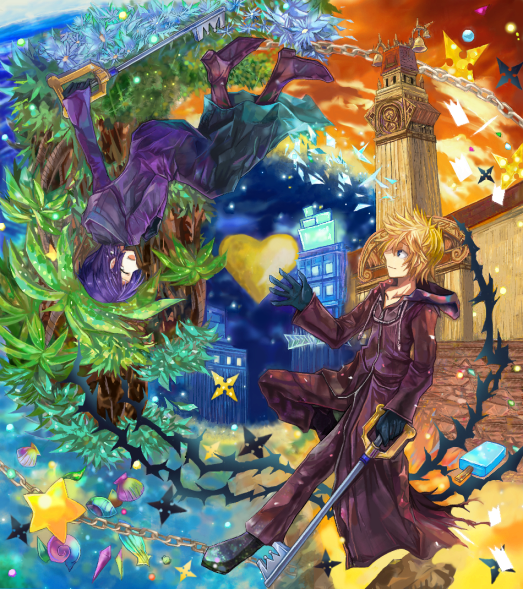 1boy, 1girl, being7, cloud, keyblade, kingdom_hearts, outdoors, plant, roxas, sky, tagme, tree, xion_(kingdom_hearts)