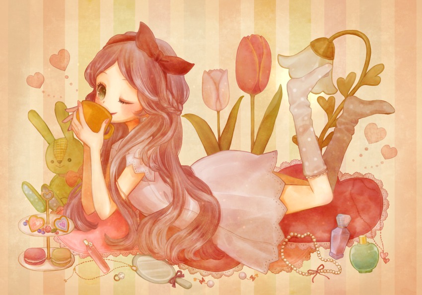 1girl, bow, brown_hair, cup, dress, female_focus, flower, green_eyes