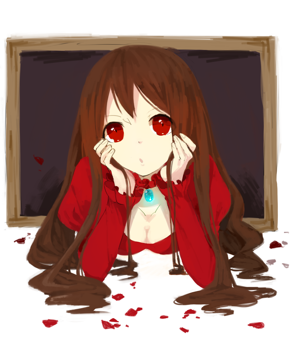 1girl, :o, breasts, brooch, brown_hair, cleavage, he_ji_(ryou), head_rest, ib_(kouri), jewelry, lady_in_red_(ib), long_hair, petals, picture_frame, red_eyes, through_medium, through_painting