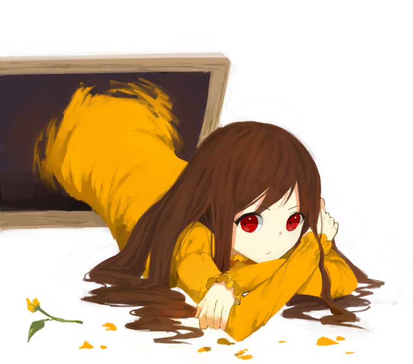 1girl, brown_hair, crossed_arms, dress, he_ji_(ryou), ib_(kouri), lady_in_yellow_(ib), long_hair, lying, petals, picture_frame, red_eyes, through_medium, through_painting, yellow_dress