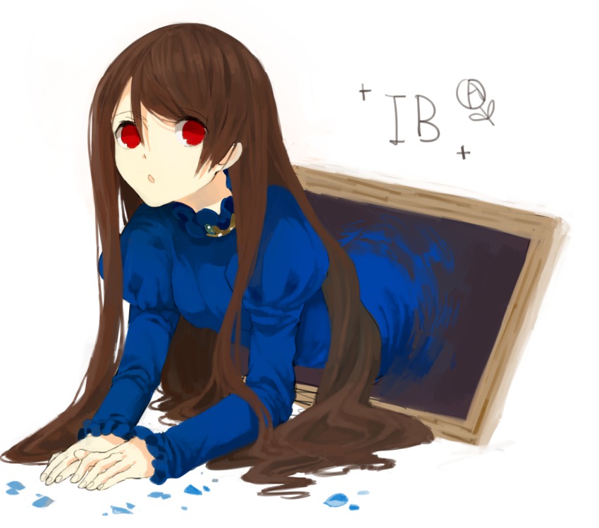 1girl, :o, blue_dress, brown_hair, copyright_name, dress, female_focus, he_ji_(ryou), ib_(kouri), lady_in_blue_(ib), long_hair, petals, picture_frame, red_eyes, solo, through_medium, through_painting