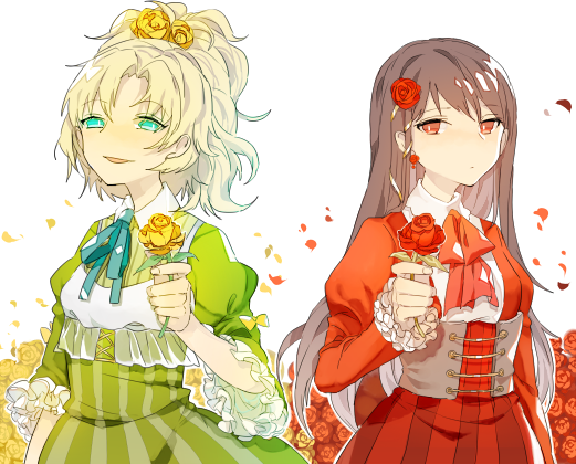 2girls, bad_id, bad_pixiv_id, blonde_hair, brown_eyes, brown_hair, dress, flower