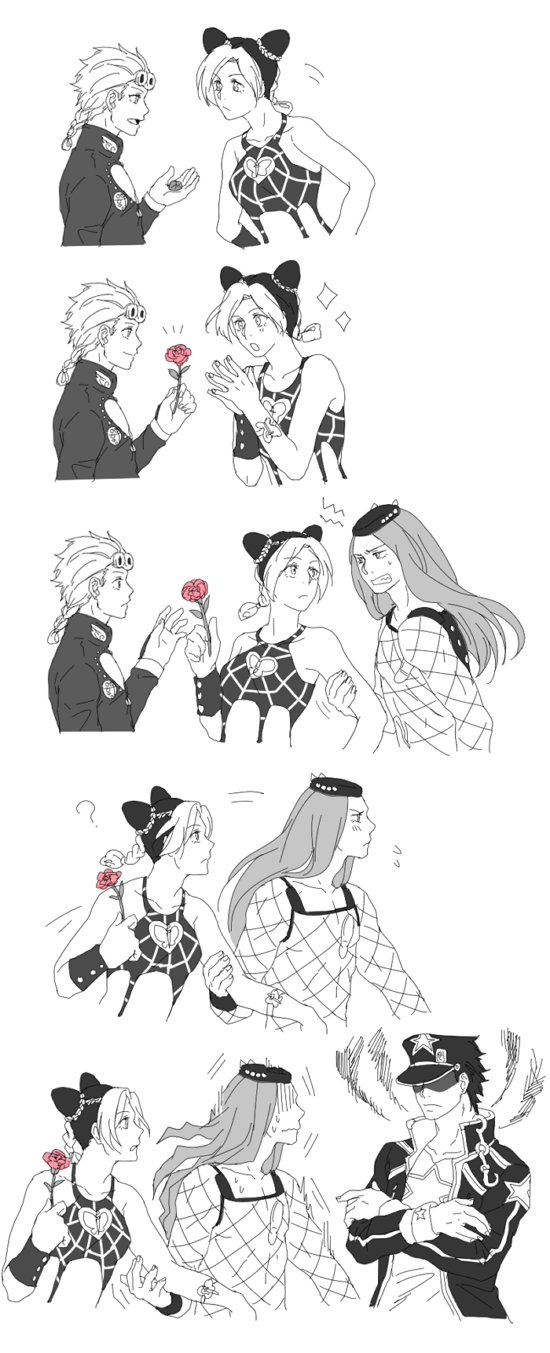 1girl, 3boys, ?, angry, azuma_hatori, bad_id, bad_pixiv_id, blush, double_bun, father_and_child, father_and_daughter, flower, flute72, giorno_giovanna, greyscale, hair_bun, hetero, highres, jealous, jojo_no_kimyou_na_bouken, kuujou_jolyne, kuujou_joutarou, long_hair, monochrome, multicolored_hair, multiple_boys, narciso_anasui, parent_and_child, pink_flower, pink_rose, rose, scared, short_hair, simple_background, smile, sparkle, spot_color, surprised, sweat, two-tone_hair, vento_aureo, white_background