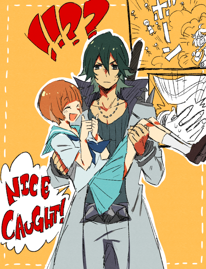 !?, 10s, 1boy, 1girl, blue_sailor_collar, blue_skirt, bowl_cut, brown_hair