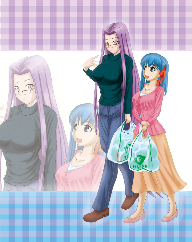 2girls, bag, breasts, fate/stay_night, fate_(series), glasses, jingoro, large_breasts