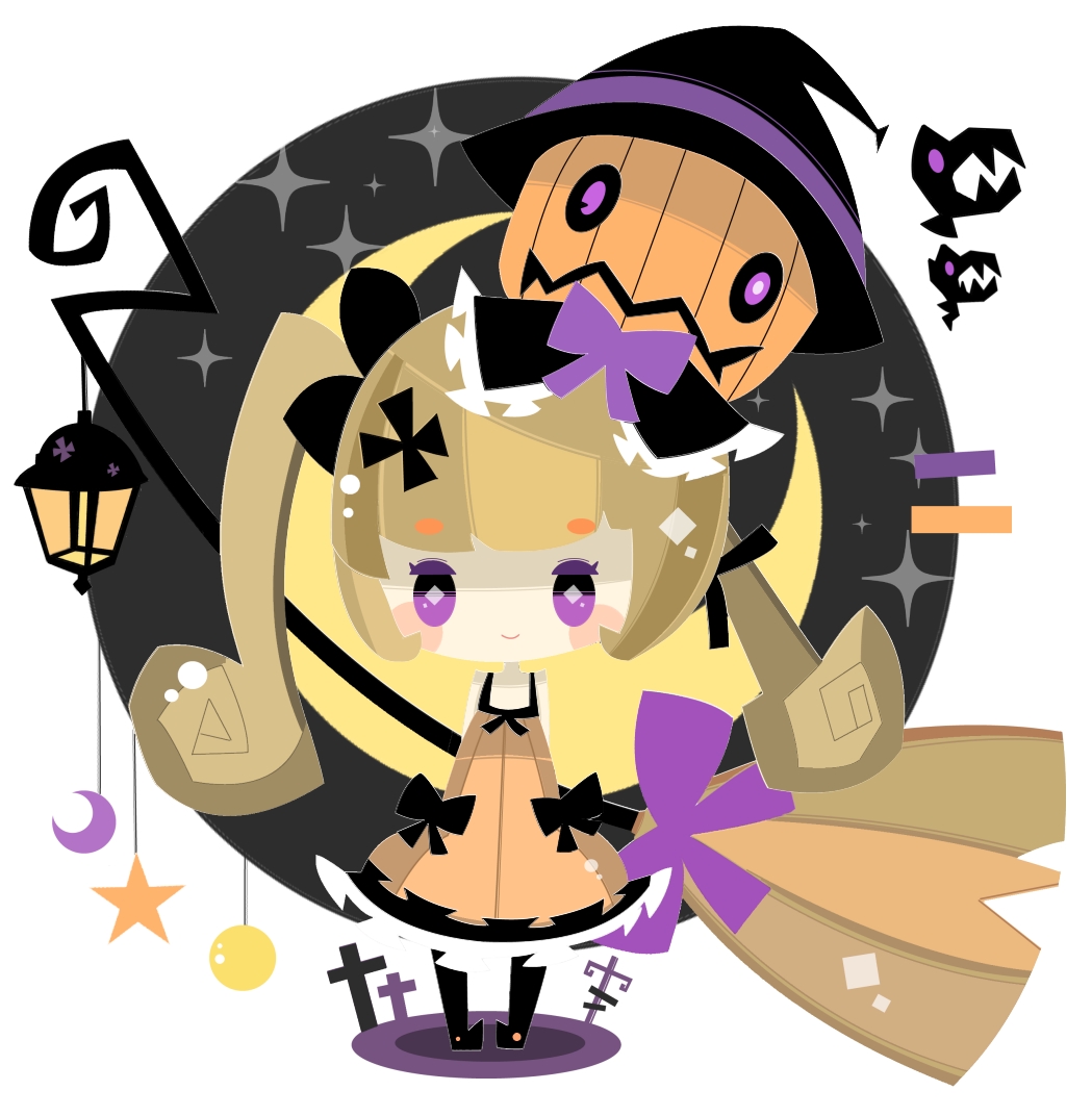 1girl, blonde_hair, blush, broom, character_request, halloween, hat, long_hair