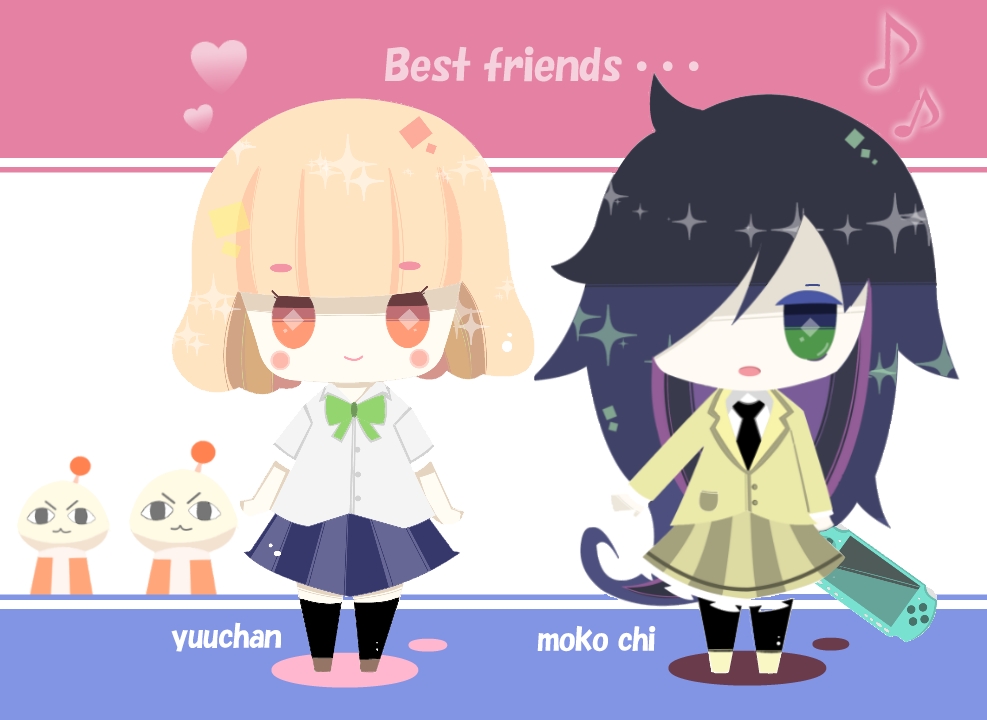 10s, 2girls, bad_id, bad_pixiv_id, bags_under_eyes, black_hair, blonde_hair, blush, character_name, green_eyes, handheld_game_console, kuroki_tomoko, long_hair, multiple_girls, naruse_yuu, open_mouth, pantyhose, playstation_portable, red_eyes, remedei, school_uniform, short_hair, thighhighs, watashi_ga_motenai_no_wa_dou_kangaetemo_omaera_ga_warui!