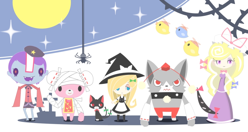 2girls, animalization, bad_id, bad_pixiv_id, blonde_hair, blue_eyes, gabrielle's_ghostly_groove, hat, highres, ibaraki_kasen, inubashiri_momiji, inubashiri_momiji_(wolf), kaenbyou_rin, kaenbyou_rin_(cat), kirisame_marisa, long_hair, miyako_yoshika, moon, multiple_girls, mystia_lorelei, mystia_lorelei_(bird), purple_eyes, remedei, ribbon, touhou, yakumo_yukari