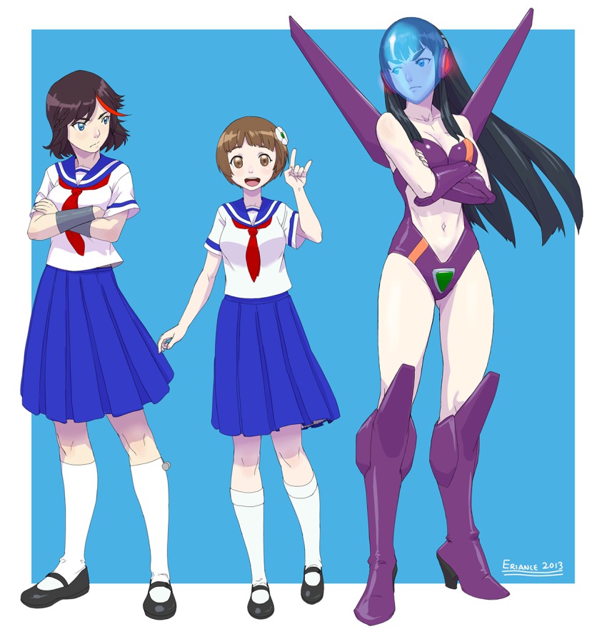 3girls, bad_deviantart_id, bad_id, black_hair, brown_hair, cosplay, crossed_arms, daitokuji_biko, daitokuji_biko_(cosplay), eriance, head-mounted_display, highres, kill_la_kill, kiryuuin_satsuki, kotobuki_shiiko, kotobuki_shiiko_(cosplay), leotard, long_hair, magami_eiko, magami_eiko_(cosplay), mankanshoku_mako, matoi_ryuuko, multiple_girls, project_a-ko, school_uniform, serafuku, short_hair, visor