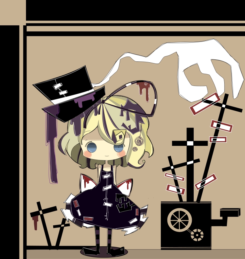 1girl, bad_id, bad_pixiv_id, blonde_hair, blood, blue_eyes, blush, bow, female_focus, hat, highres, medicine_melancholy, poison, remedei, ribbon, short_hair, smile, solo, touhou