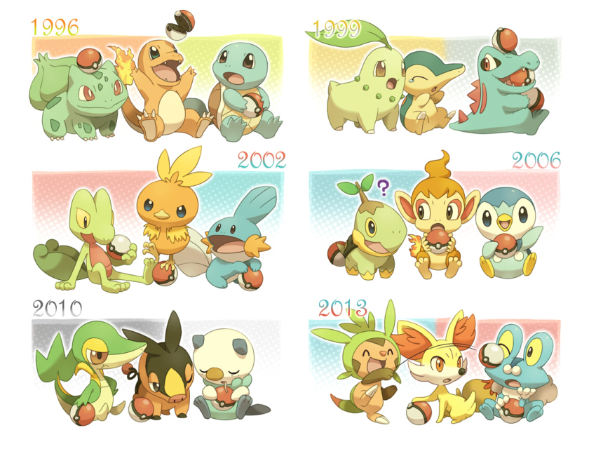 00s, 10s, 1990s_(style), ?, bulbasaur, charmander, chespin, chikorita