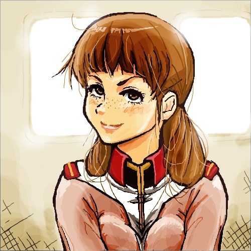 1girl, brown_hair, female_focus, freckles, gundam, jungon, lowres, miharu_ratoki