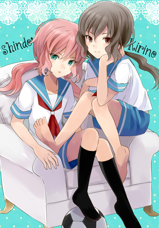 2boys, ball, barefoot, barufoa, brown_eyes, brown_hair, character_name, feet