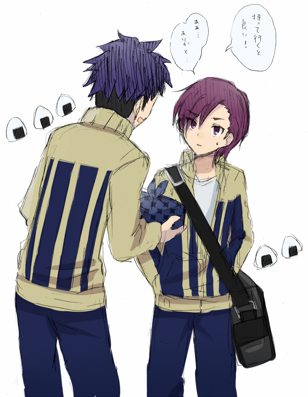 2boys, bag, barufoa, food, gassan_kunimitsu, gift, hyoudou_tsukasa, inazuma_eleven_(series)