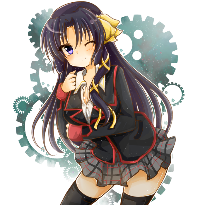 1girl, bad_id, bad_pixiv_id, black_hair, black_thighhighs, breasts, cleavage, female_focus