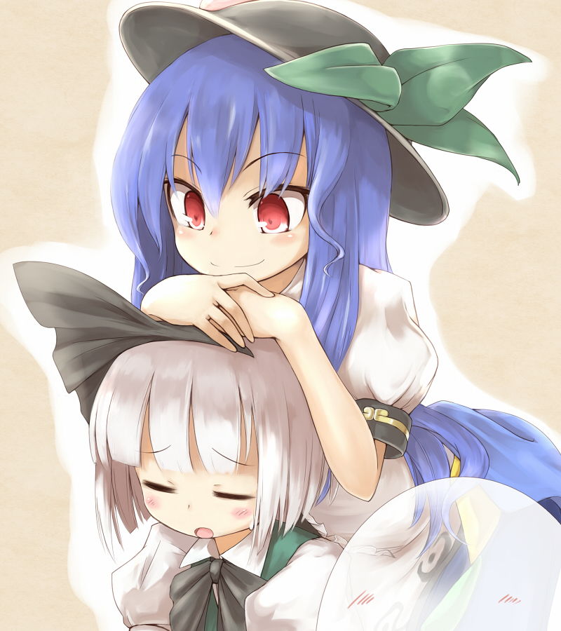 2girls, blue_hair, closed_eyes, hairband, hat, head_rest, hinanawi_tenshi, konpaku_youmu