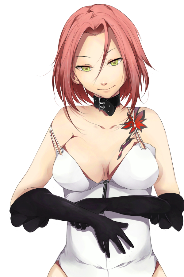 1girl, alternate_breast_size, bad_id, bad_pixiv_id, bare_shoulders, belt, black_gloves, breasts, choker, devil_survivor_(series), devil_survivor_1, dress, elbow_gloves, female_focus, gloves, green_eyes, haruno14, harusawa_yoshino, large_breasts, red_hair, short_hair, simple_background, smile, solo, strap_slip, tattoo, white_background, yellow_eyes