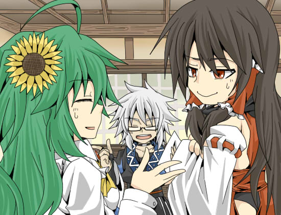 1boy, 2girls, ahoge, alternate_hair_length, alternate_hairstyle, black_hair, choker, detached_sleeves, flower, glasses, green_hair, hachiman_(douno), hair_flower, hair_ornament, hair_tubes, kazami_yuuka, kazami_yuuka_(pc-98), leotard, light_smile, long_hair, m.u.g.e.n, morichika_rinnosuke, multiple_girls, nontraditional_miko, original, red_eyes, semi-rimless_eyewear, sendai_hakurei_no_miko, sendai_hakurei_no_miko_(m.u.g.e.n), snapping_fingers, sunflower, sunflower_hair_ornament, touhou, touhou_(pc-98), under-rim_eyewear, yahata_(015012)