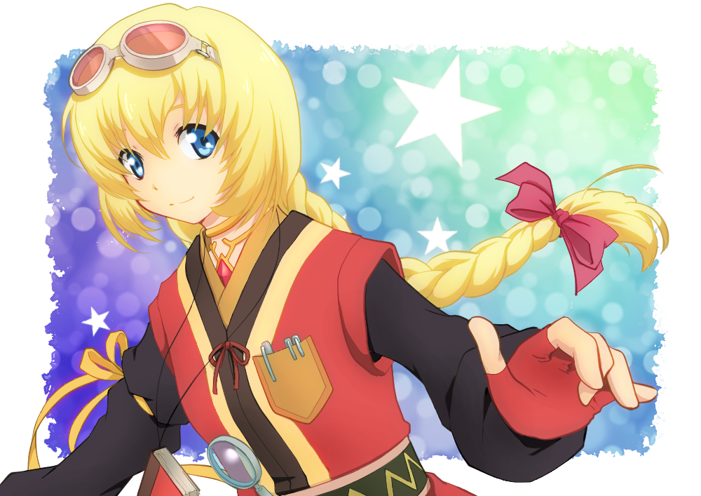 1girl, alternate_hairstyle, bad_id, bad_pixiv_id, blonde_hair, blue_eyes, bow, braid, choker, colette_brunel, cosplay, female_focus, gloves, goggles, goggles_on_head, hair_bow, in-franchise_crossover, kururi_(oekaki_nikki), long_hair, magnifying_glass, multicolored_background, object_in_pocket, pen_in_pocket, pocket, rita_mordio, rita_mordio_(cosplay), single_braid, smile, solo, star_(symbol), tales_of_(series), tales_of_symphonia, tales_of_vesperia, yellow_bow