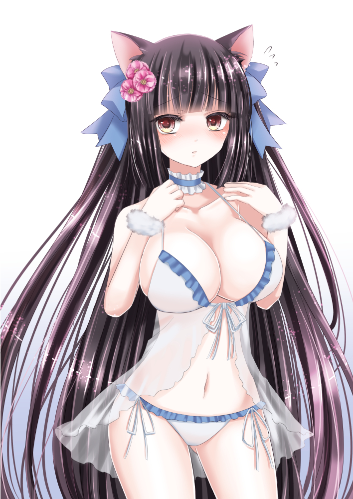1girl, animal_ears, babydoll, black_hair, blush, breasts, brown_eyes, cat_ears, choker, cleavage, female_focus, flower, hair_flower, hair_ornament, hair_ribbon, hime_cut, hiroharu, itsumoto_hiroharu, large_breasts, long_hair, original, panties, ribbon, side-tie_panties, simple_background, solo, underwear, underwear_only, very_long_hair, white_panties, wrist_cuffs