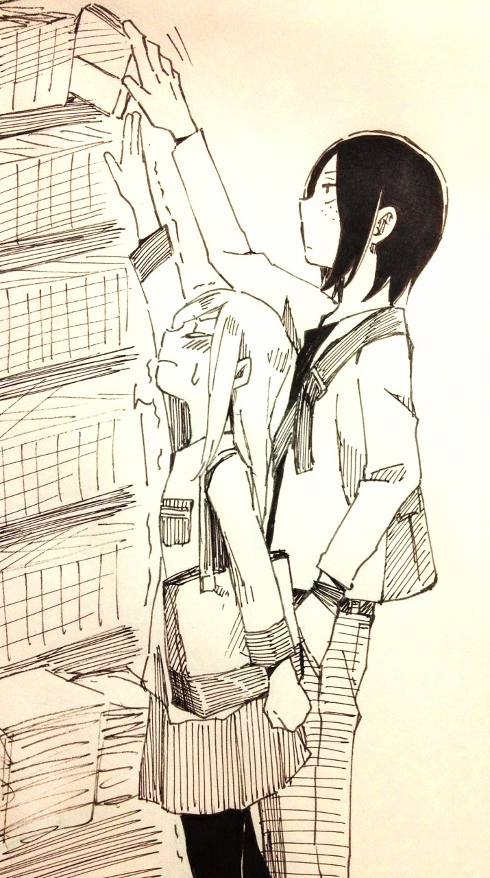 2girls, arablue, bag, beige_background, black_hair, blush, book, bookshelf