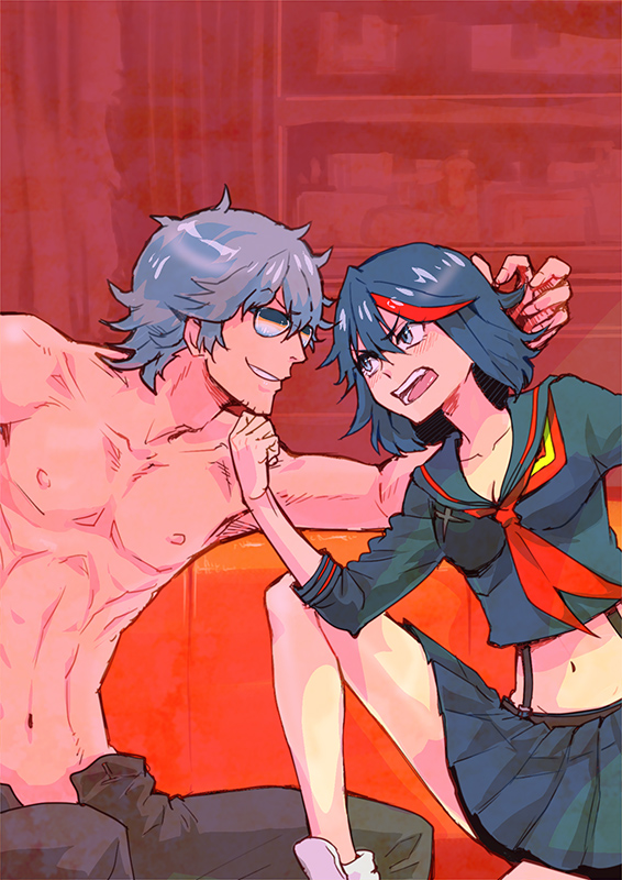 10s, 1boy, 1girl, akutaa, amawo, angry, aviator_sunglasses, aviators, bad_id, bad_pixiv_id, black_hair, blue_hair, blush, grin, kill_la_kill, matoi_ryuuko, midriff, mikisugi_aikurou, school_uniform, senketsu, serafuku, skirt, smile, sunglasses, teacher, teacher_and_student, topless_male