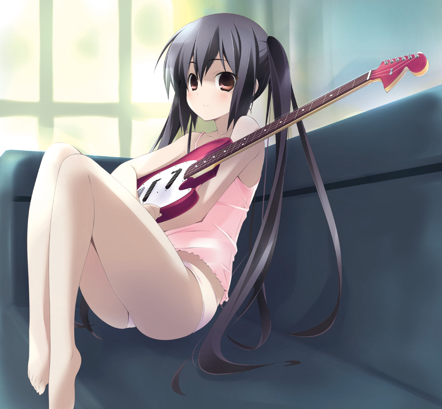 1girl, bare_legs, barefoot, black_hair, blush, bra, brown_eyes, camisole