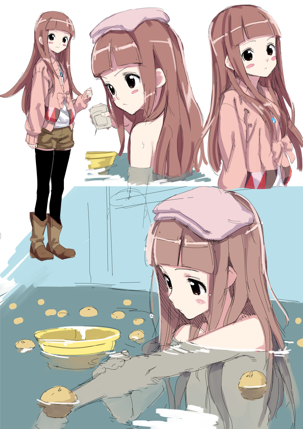 10s, 1girl, bath, bathing, black_thighhighs, blush_stickers, boots, cardigan