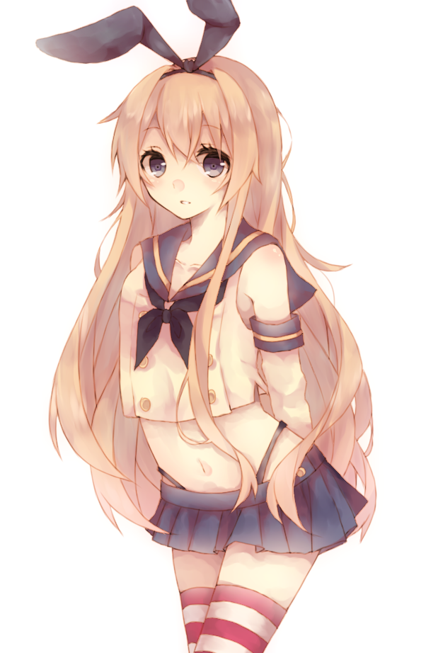 10s, 1girl, bad_id, bad_pixiv_id, blonde_hair, blue_eyes, female_focus, hair_ornament, hairband, kantai_collection, looking_at_viewer, microskirt, personification, pleated_skirt, rian_(usamin228), rinan_(usamin228), school_uniform, serafuku, shimakaze_(kancolle), skirt, solo, striped_clothes, striped_thighhighs, thighhighs, white_background, zettai_ryouiki