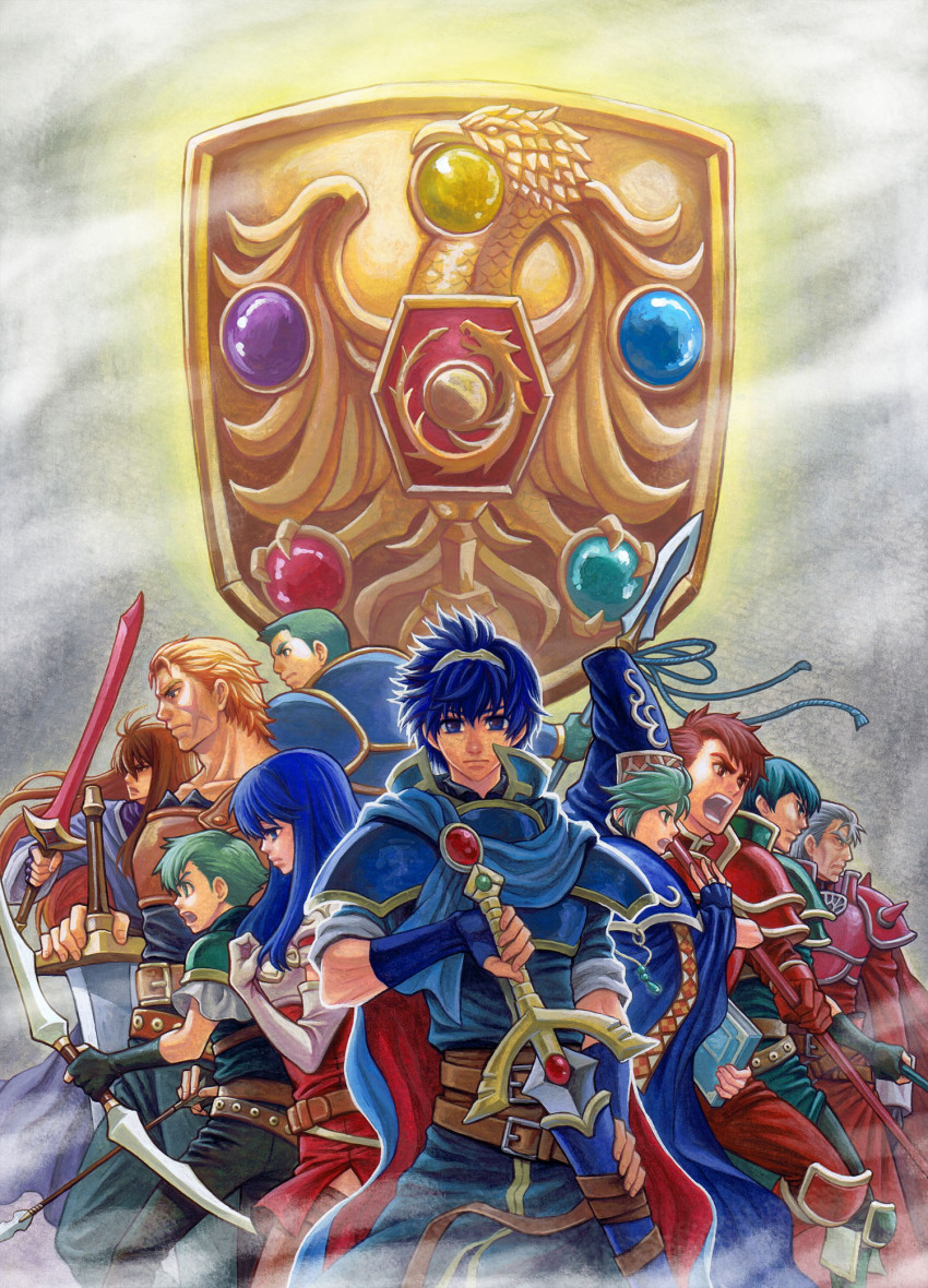 1girl, 6+boys, abel_(fire_emblem), age_difference, armor, arrow_(projectile), belt, blonde_hair