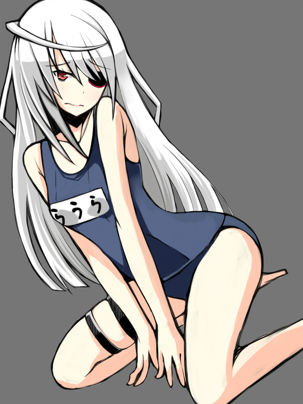 10s, 1girl, eyepatch, infinite_stratos, laura_bodewig, long_hair, one-piece_swimsuit, q_(a72pgc)