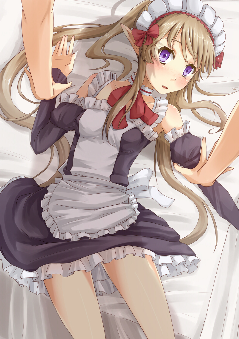 10s, 1girl, blush, brown_hair, elf, frills, long_hair, looking_at_viewer