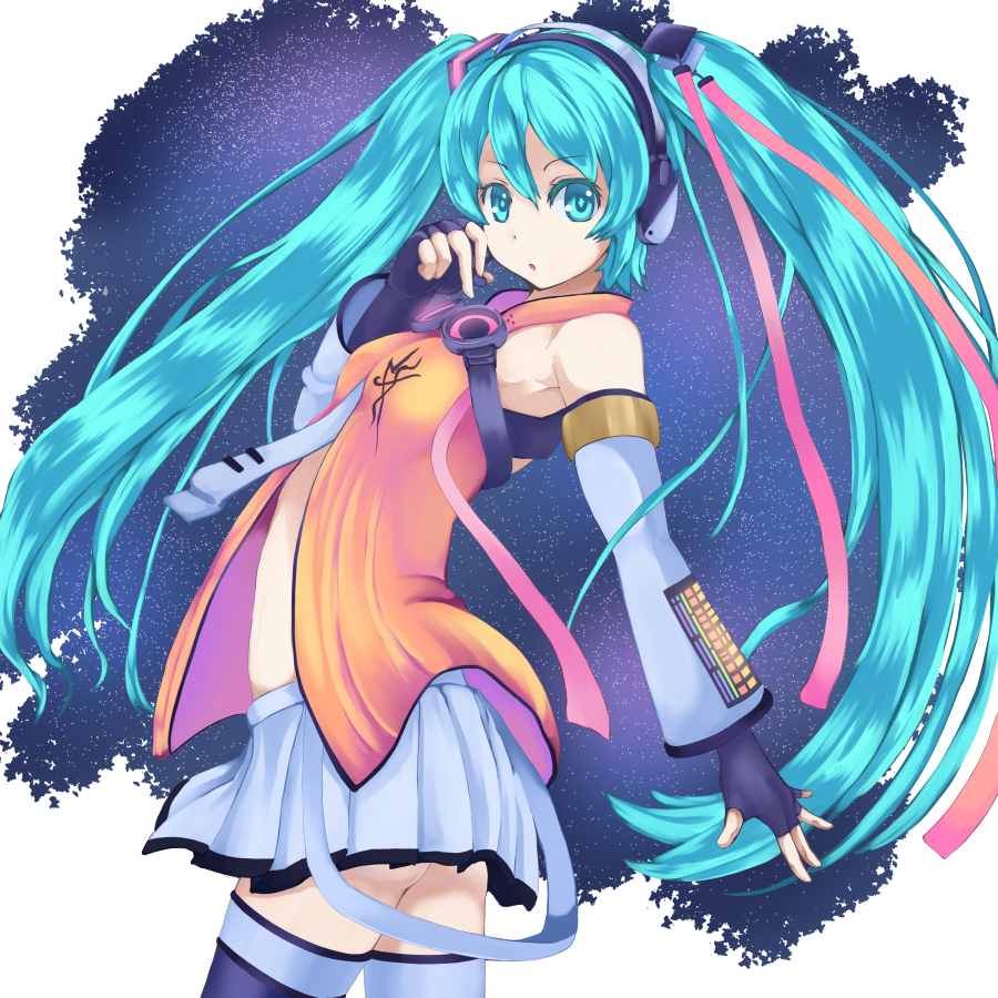 1girl, aqua_eyes, aqua_hair, ass_peek, detached_sleeves, female_focus, fingerless_gloves, freely_tomorrow_(vocaloid), gloves, hatsune_miku, headphones, long_hair, looking_at_viewer, project_diva_(series), project_diva_f, skirt, solo, hatsune_miku_(star_voice), t_shatsu, thighhighs, twintails, very_long_hair, vocaloid