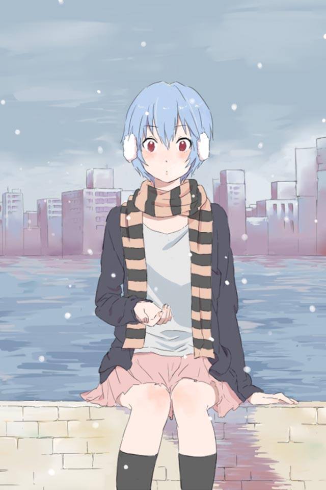 ayanami_rei, blue_hair, city, kishida_nica, neon_genesis_evangelion, red_eyes, scarf, sitting