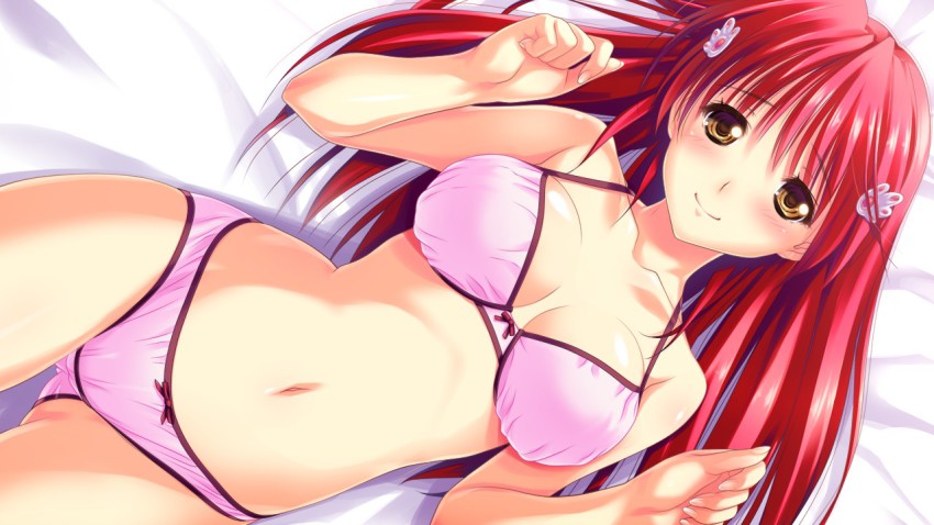1girl, bare_shoulders, bed, blush, bra, breasts, brown_eyes, cleavage