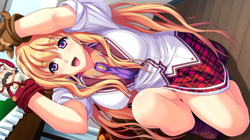 1girl, amasaka_takashi, blonde_hair, blush, breasts, female_focus, game_cg, happy